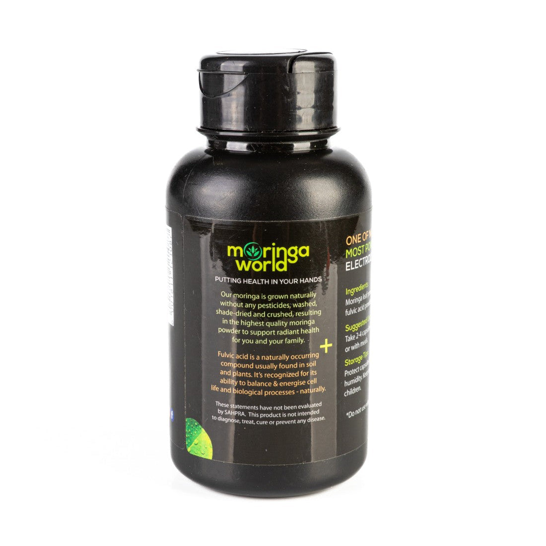 A black bottle of Moringa World One of a Kind Electric supplement, featuring a black cap and a black label with green and yellow text, set against a plain white background.